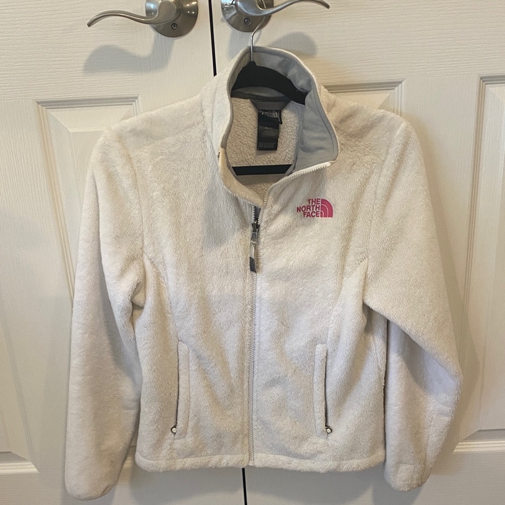 The North Face Cream Fleece Jacket with Pink Logo Accent